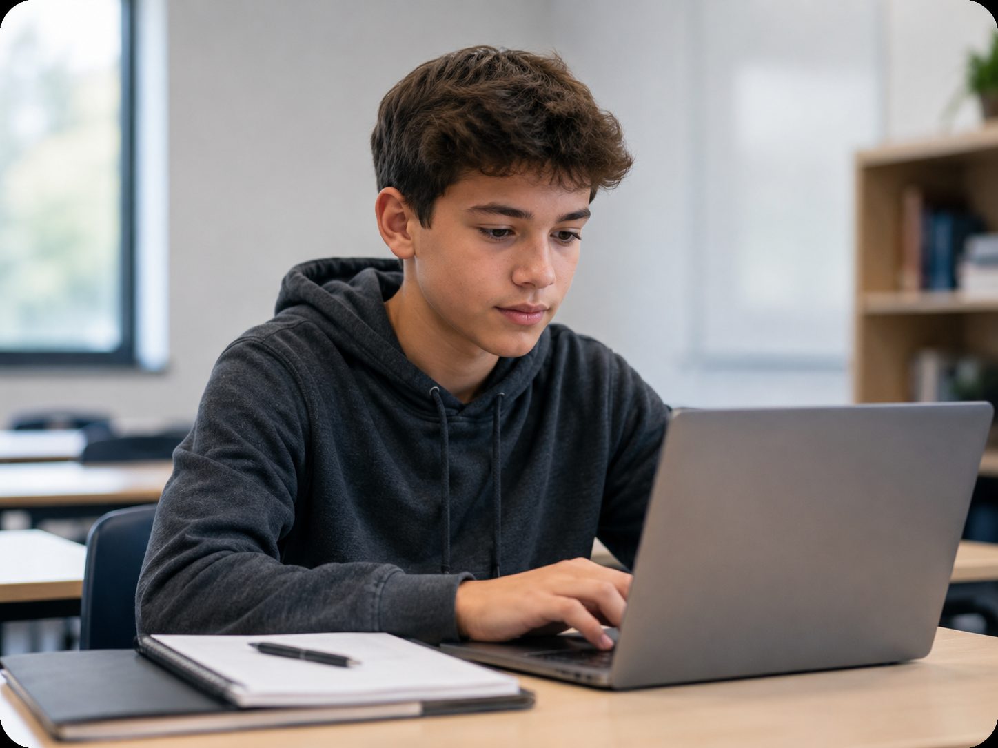 Older student working independently on a laptop in a classroom
